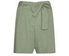 KATIES - Womens Shorts - Khaki Green - Linen Pant - Belted Short -Relaxed Fit - Mid Thigh Length - Side Pocket - Lightweight - Summer Women's Clothing - Khaki