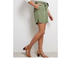 KATIES - Womens Shorts - Khaki Green - Linen Pant - Belted Short -Relaxed Fit - Mid Thigh Length - Side Pocket - Lightweight - Summer Women's Clothing - Khaki