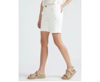 KATIES - Womens White Shorts - Summer - Cotton - Mid Thigh - Mid Waist - Chino - Elastane - Bermuda - Relaxed Fit - Canvas - Comfort - Casual Wear - White