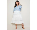 AUTOGRAPH - Plus Size - Womens Skirts - Midi - Summer - White - Cotton - A Line - Oversized - Woven - Lace Trim - Knee Length - Casual Work Clothes - White