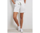 KATIES - Womens White Shorts - Summer - Linen Clothing - Knee Length - Mid Waist - Bermuda - Stud Detail - Cool Casual Work Wear - Comfort Fashion - White