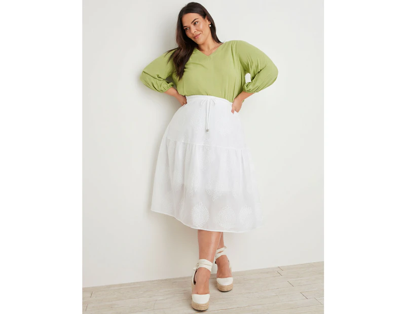 AUTOGRAPH - Plus Size - Womens Skirts - Midi - Summer - White - Cotton - Clothes - Oversized - Woven - Embroidered Chiffley - Knee Length - Fashion - White