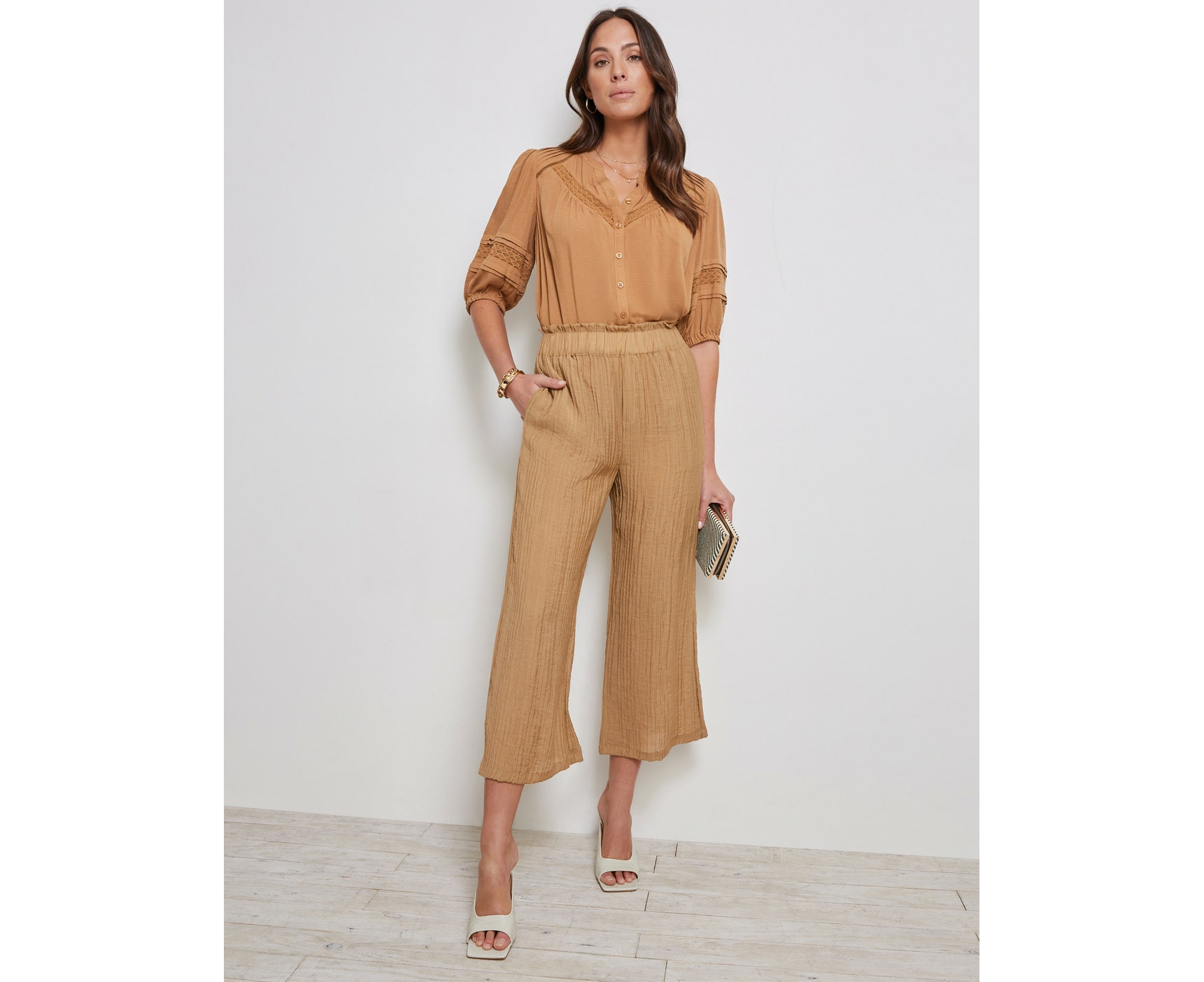 Buy KATIES - Womens Pants - Tan Brown - Pleated Texture - Capri Pant -  Bengaline - Mid Calf Length - Loose Fit - Lightweight - Summer - Women's  Clothing Online