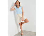 ROCKMANS - Womens White Shorts - Summer - Linen Clothing - Mid Thigh - Low Waist - Bermuda - Fitted - Patch Pocket - Drawcord - Casual Wear - Comfort - White