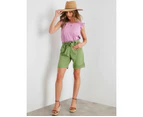 ROCKMANS - Womens Shorts -  Button Front Elastic Waist Shorts - Sage