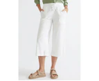 KATIES - Womens Pants - White Summer Cropped - Wide Leg Linen - Fashion Trousers - High Waist - Tie Front - Smart Casual - Work Clothes - Office Wear - White