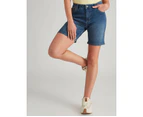 ROCKMANS - Womens Shorts -  Mid Thigh Denim Basic Shorts - Mid Wash
