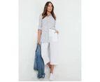 KATIES - Womens Pants - White All Season Cropped Wide Leg Linen Fashion Trousers - High Waist - Belted - Smart Casual - Work Clothes - Office Wear - White