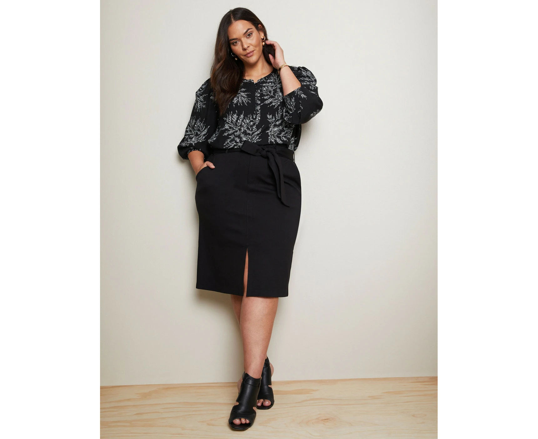 Autograph - Plus Size - Womens Skirts - Midi - Winter - Black - Cotton - Pencil - Black - Fitted - Belted - Knee Length - Casual Fashion Work Clothes