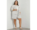 BeMe - Plus Size - Womens Grey Shorts - Summer - Linen - Knee Length High Waist - Bermuda - Tie Waist - Button Detail - Comfort Fashion - Good Quality - Grey