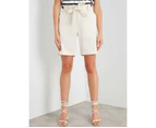 ROCKMANS - Womens White Shorts - Summer - Linen - Mid Thigh High Waist - Bermuda - Fitted - Button Front - Elastic Waist - Casual Work Wear - Comfort - White