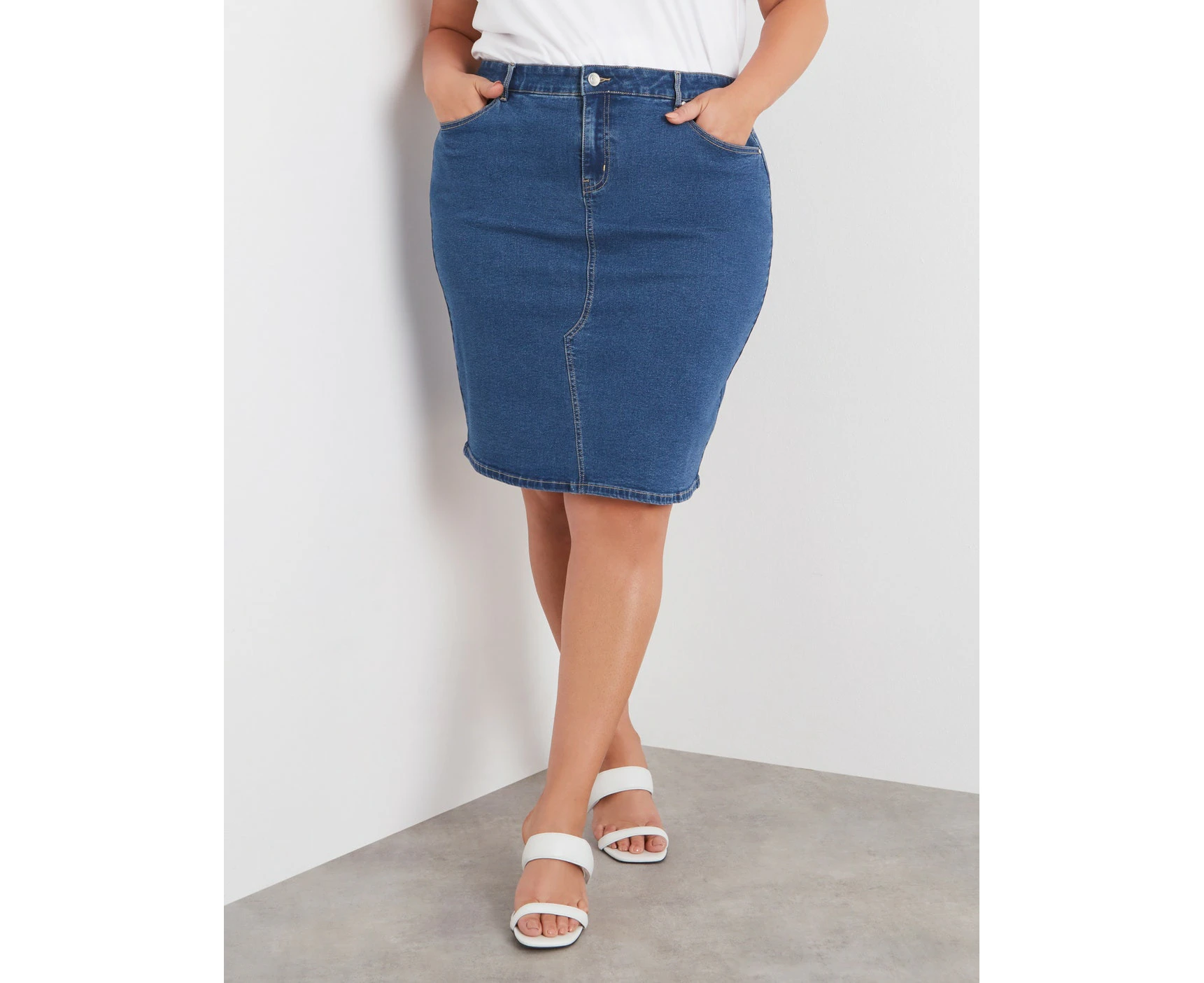 BeMe - Plus Size - Womens Skirts - Midi - Summer - Blue - Cotton - Pencil - Work - Mid Wash - Fitted - Elastane - Denim - 5 Pocket - Fixed Waist -