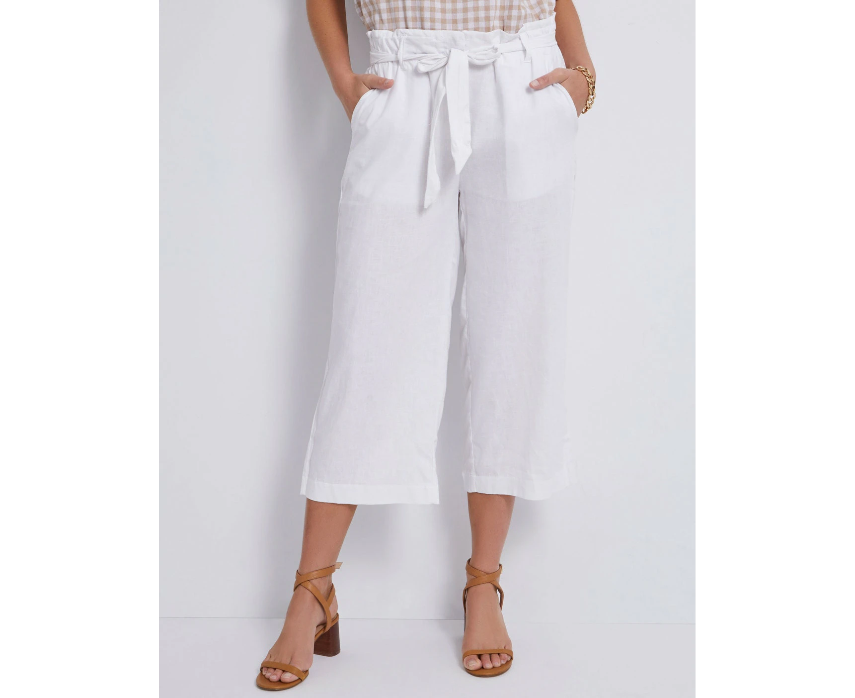 Katies - Womens Pants - White Summer Cropped - Wide Leg Linen - Fashion Trousers - Solid - High Waist - Smart Casual - Work Clothes - Office Wear