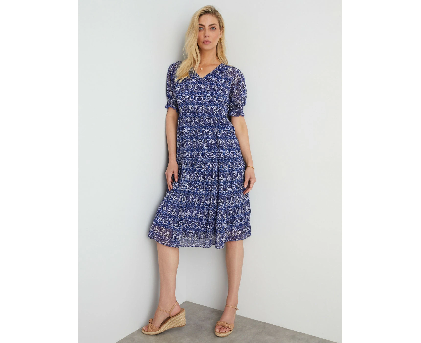 NONI B - Womens Dresses - Short Slv Print Tiered Dress - Navy Blazer