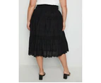 BeMe - Plus Size - Womens Skirts - Midi - Summer - Black - Cotton - A Line - Oversized - Broderie Tiered - Knee Length - Casual Fahion - Work Clothes - Black