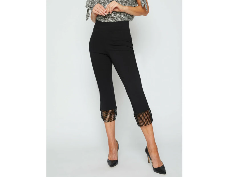 MILLERS - Womens Pants - Black Summer Cropped - Slim Leg Bengaline Trousers  - High Waist - Elastane - Lace Trim - Casual Fashion - Office Work Clothes  - Black