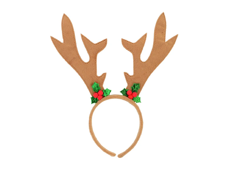 Brown Velvet Reindeer Antlers Headband With Mistletoe - One Size Fits Most - Brown with Green & Red