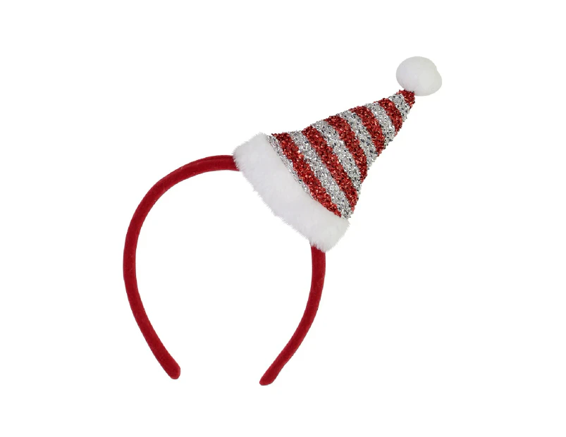 Red Christmas Headband With Red & Silver Santa Hat - One Size Fits Most - Red & Silver