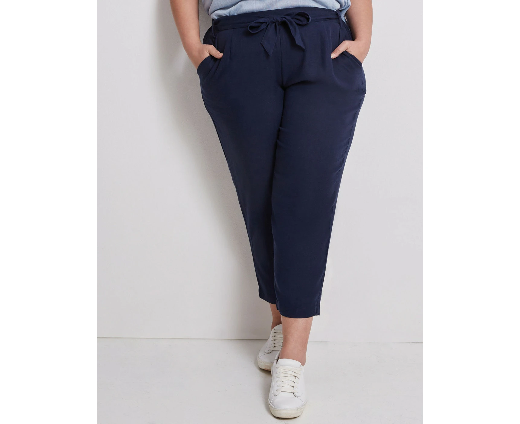 Autograph - Plus Size Womens Pants - Black Summer Ankle Length - Slim Leg Linen - Dark Navy - High Waist - Fashion Trousers - Office Work Clothes