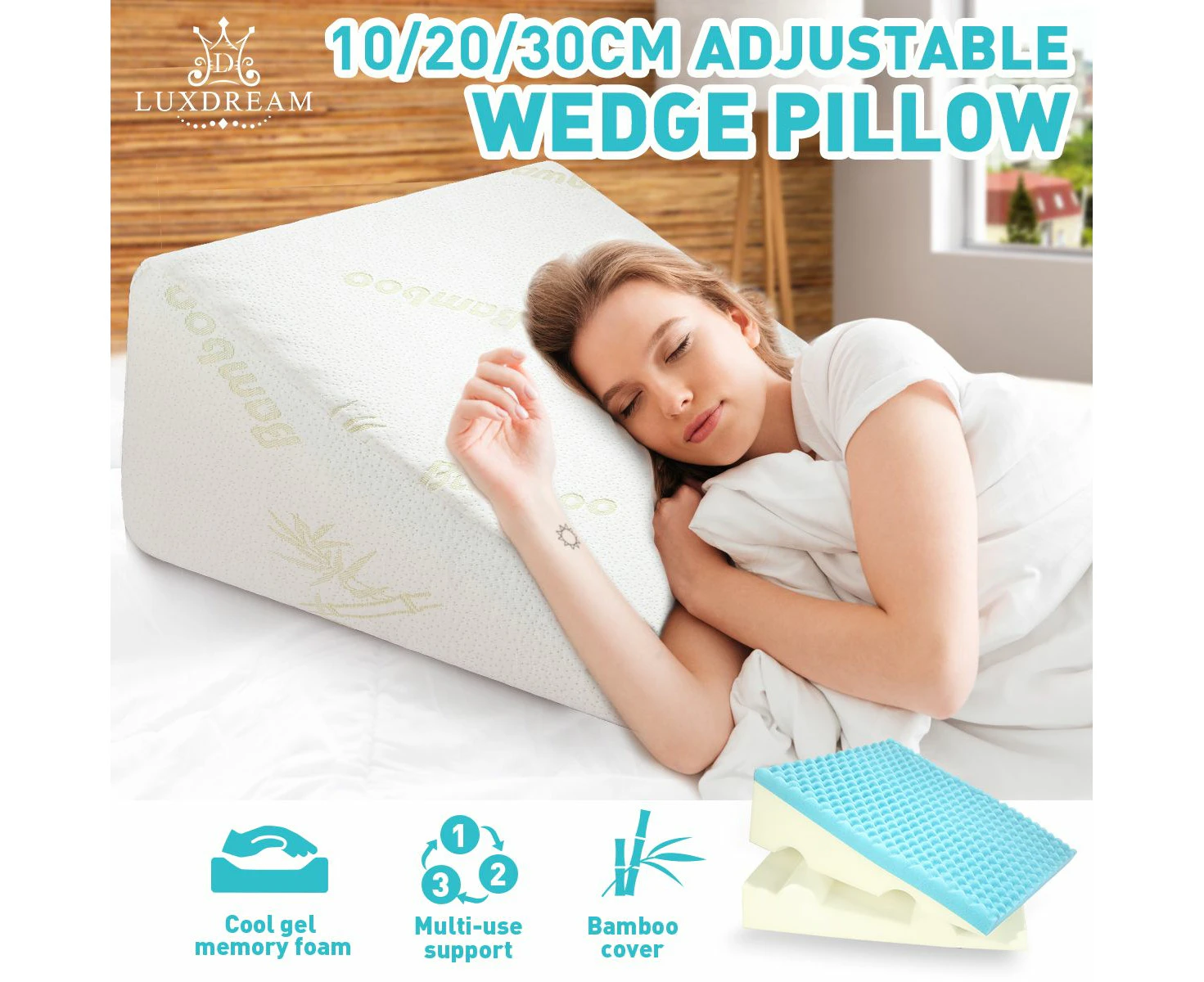 Adjustable Wedge Pillow Cool Gel Memory Foam Leg Elevation Pillow Back Support Cushion