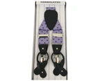Mens Premium Convertible Suspenders Braces Clip On Elastic Y-Back Traditional Leather Tab - Polka Lilac/Purple