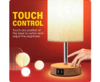 Bedside Lamp with USB Port - Touch Control Table Lamp for Bedroom Wood 3 Way Dimmable Nightstand Lamp with Round Flaxen Fabric Shade for Living Room,Office