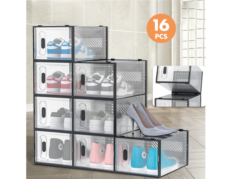 Advwin 16PCS Shoe Storage Box Aromatic Shoe Sneaker Box Clear Display Box Stackable Breathable Shoe Storage Black Border