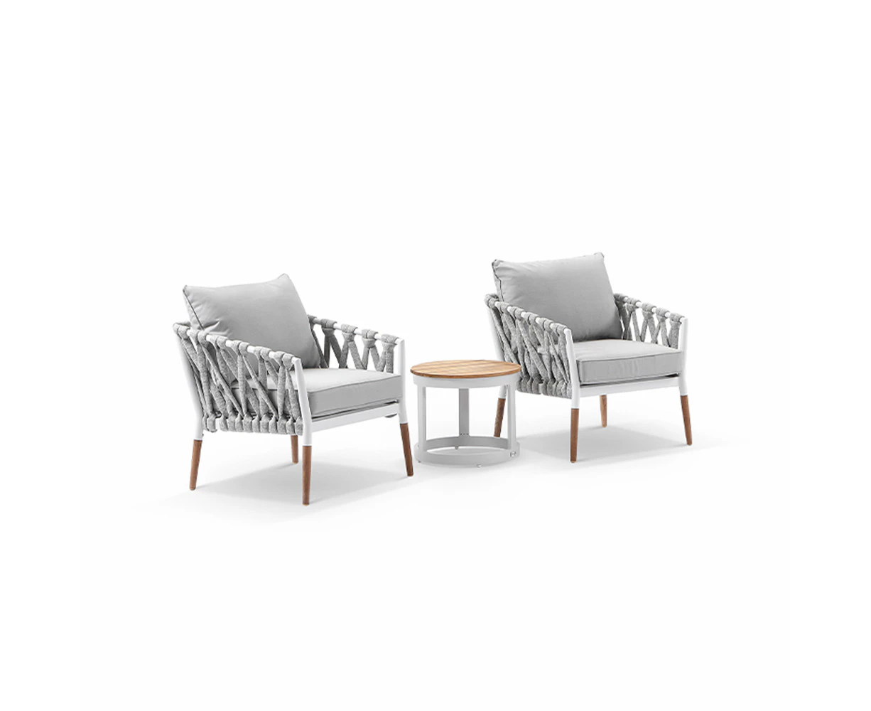 Outdoor Silas Outdoor Rope And Aluminium Patio Balcony Set With Side Table - White Aluminium with Teak top - Outdoor Aluminium Chairs