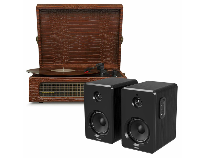 Crosley Voyager Bluetooth Portable Turntable - Brown Croc + Bundled Majority D40 Bluetooth Speakers - Black