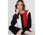 NONI B - Womens Tops - Colourblock Stripe Knit Top - True Red