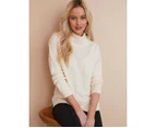 Noni B - Womens Jumper - Winter Sweater - Yellow Pullover - Chevron Cable Knit - 3/4 Sleeve - Eggnog - High Neck - Warm Smart Casual Work Clothing