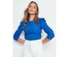 ROCKMANS - Womens Tops -  Long Sleeve Frill Ribbed Top - Cobalt