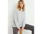 NONI B - Womens Jumper -  Winter Sweater - Silver Pullover - Chevron Cable Knit - 3/4 Sleeve - High Neck - Smart Casual Clothing Warm Comfy Work Wear - Silver