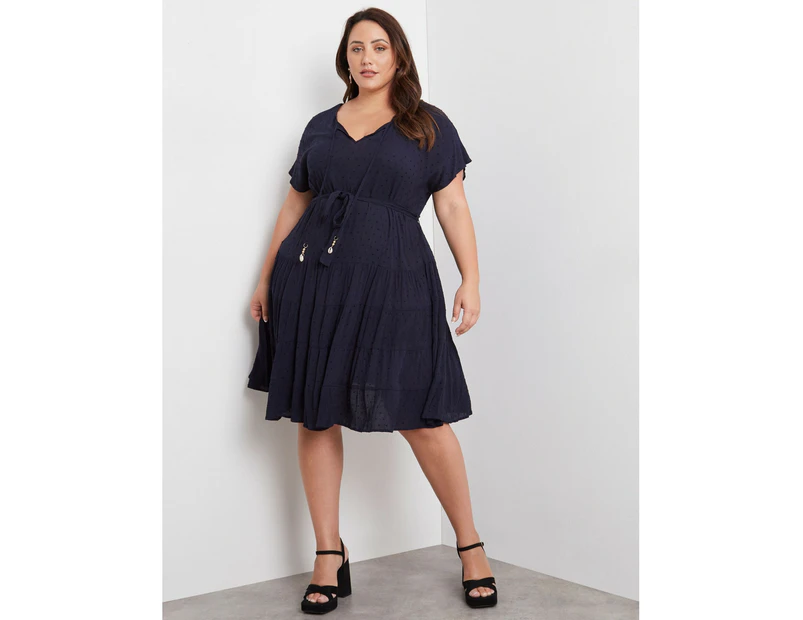 BeMe - Plus Size - Womens Midi Dress - Blue - Summer Casual Beach A Line Dresses - Navy - Short Sleeve - Crochet Tie Waist - Women's Clothing - Navy