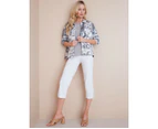 NONI B - Womens Short Cotton Jacket - White Summer Coat - Floral - Casual Bomber - 3/4 Sleeve - Denim Blazer - Denim Style - Office Fashion Work Wear - White