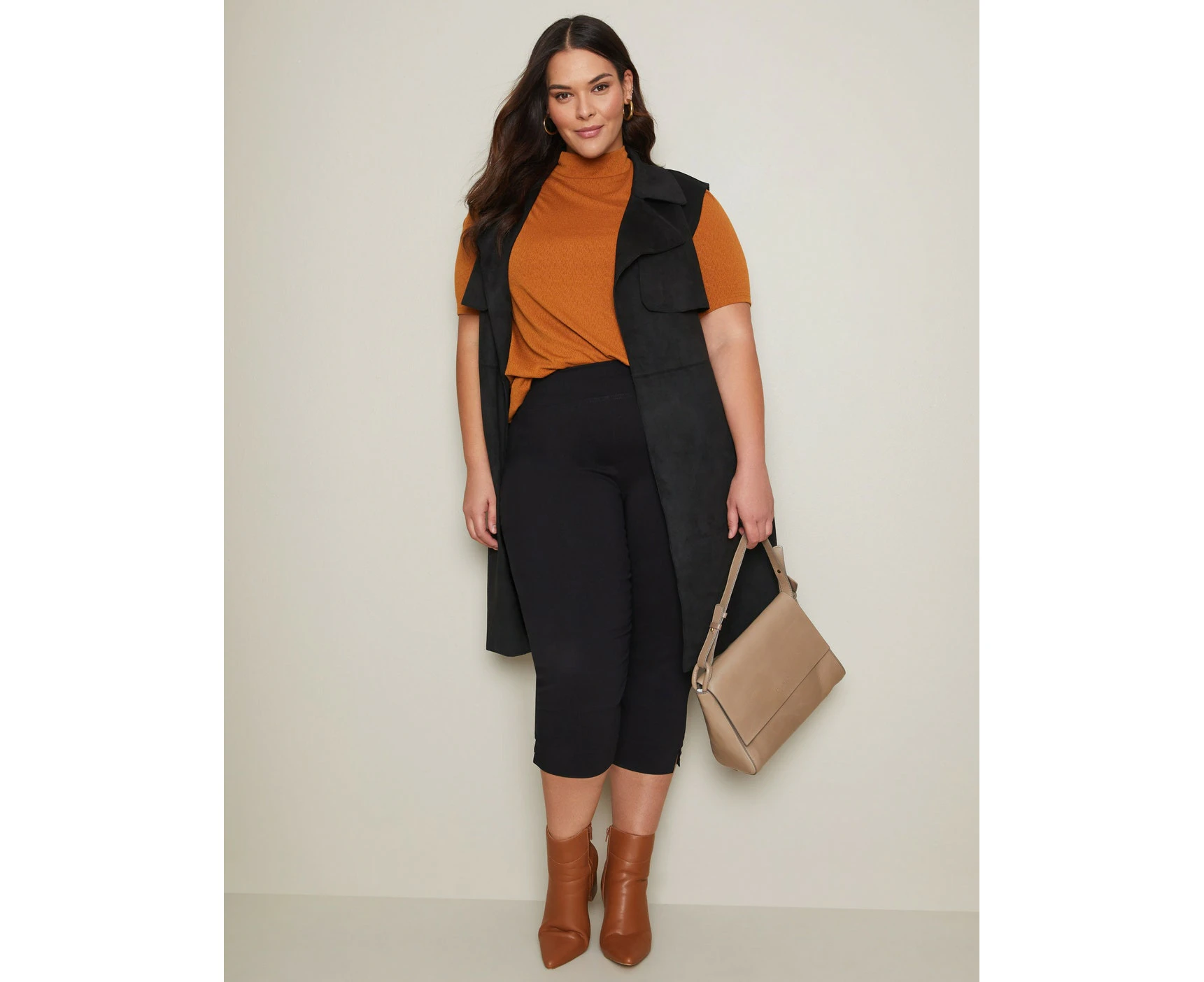 Autograph - Plus Size - Womens Pants - Black Cropped - Elastane Fashion Trousers - Mid Waist - Woven - Stretch - Casual Work Clothes - Office Wear