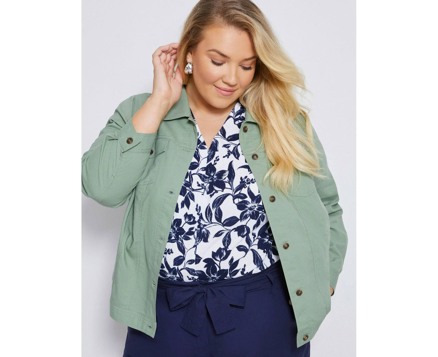 Autograph - Plus Size Womens Regular Linen Jacket Green Summer Coat Denim Style - Long Sleeve - Sage - Blazer - Lightweight - Casual Office Work Wear