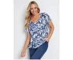 RIVERS - Womens Tops -  Short Sleeve Textured Boho Border Top - Blue Jungle