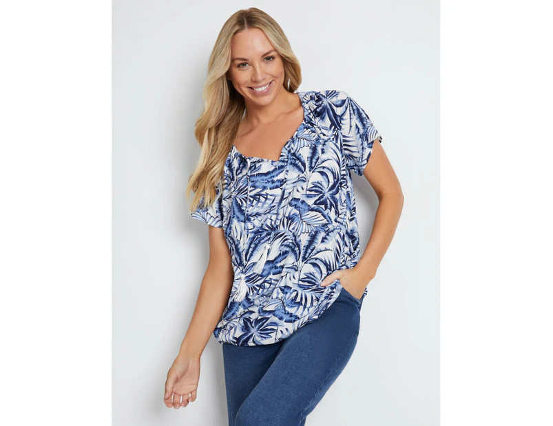 RIVERS - Womens Tops -  Short Sleeve Textured Boho Border Top - Blue Jungle