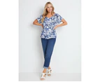 RIVERS - Womens Tops -  Short Sleeve Textured Boho Border Top - Blue Jungle