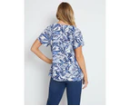 RIVERS - Womens Tops -  Short Sleeve Textured Boho Border Top - Blue Jungle