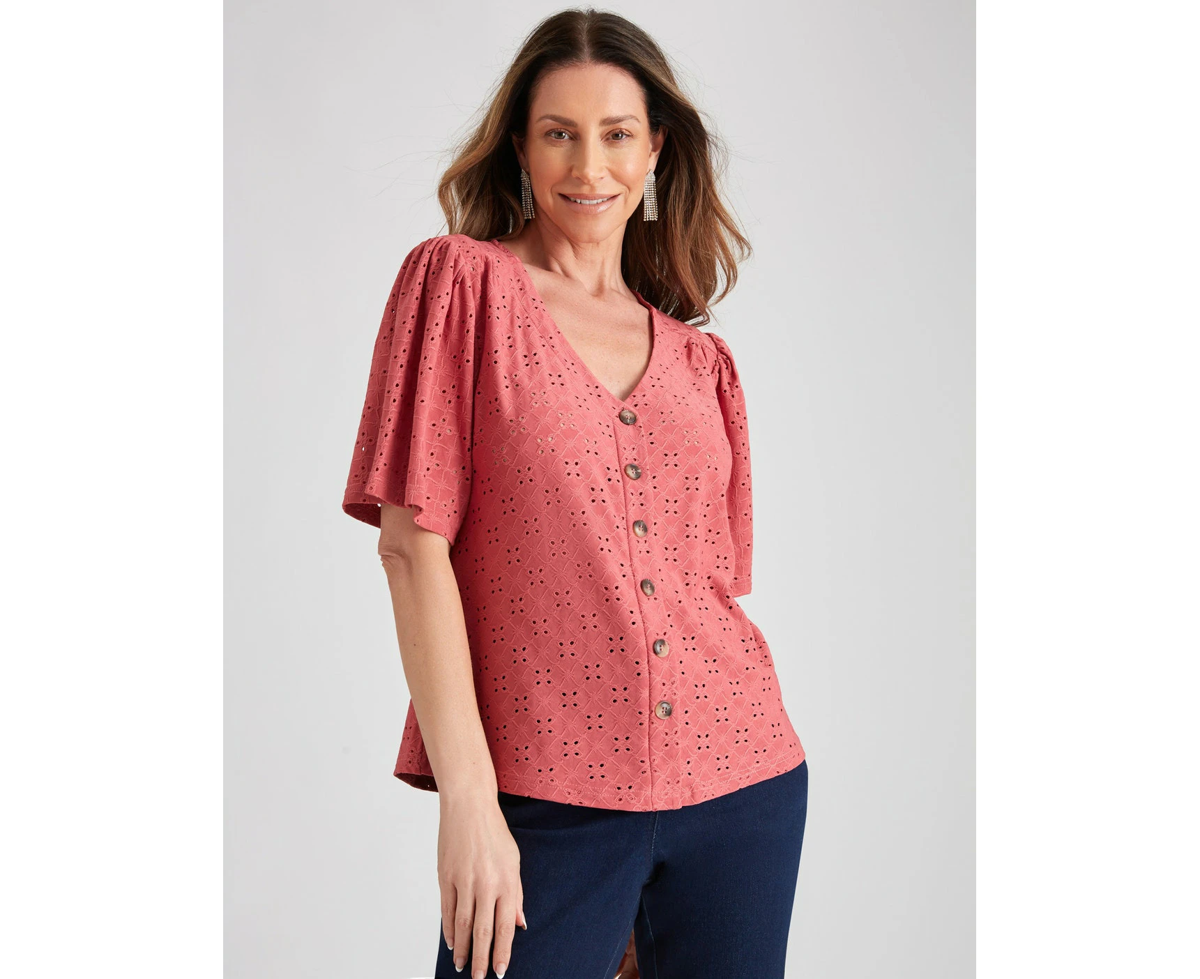 MILLERS - Womens Tops -  Elbow Sleeve Knit Broidery Top With Frill Sleeve - Rose