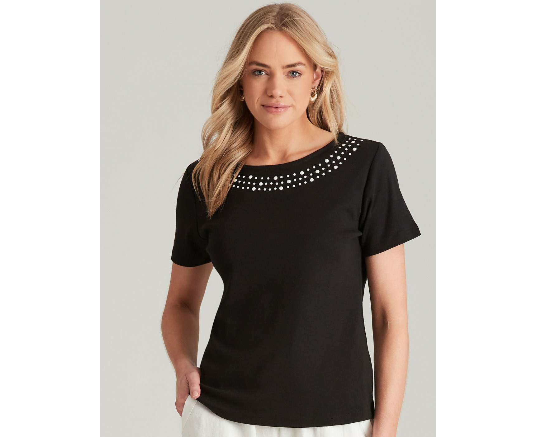 NONI B - Womens Tops - Round Neck Pearl Stud Rib Top - Jet Black ...