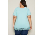 AUTOGRAPH - Plus Size - Womens Tops -  Flutter Short Sleeve Lace Trim Knit Top - Mint