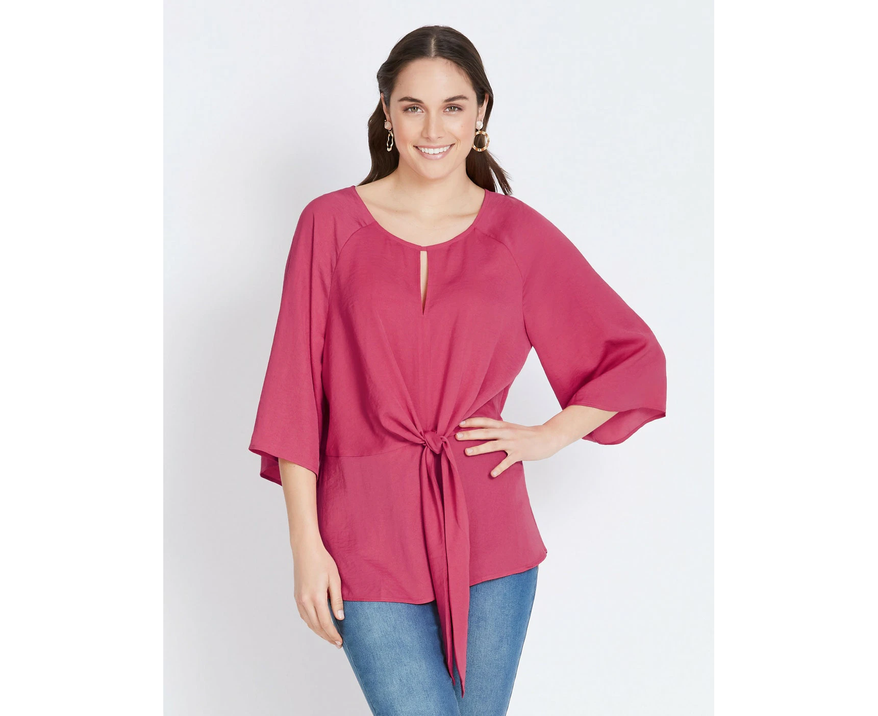 KATIES - Womens Tops -  Extended Sleeve Tie Front Top - Fuschia