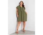 BeMe - Plus Size - Womens Midi Dress - Green - Summer Casual A Line Dresses - Khaki - Short Sleeve - Pintuck Notch Neck  - Women's Clothing - Khaki