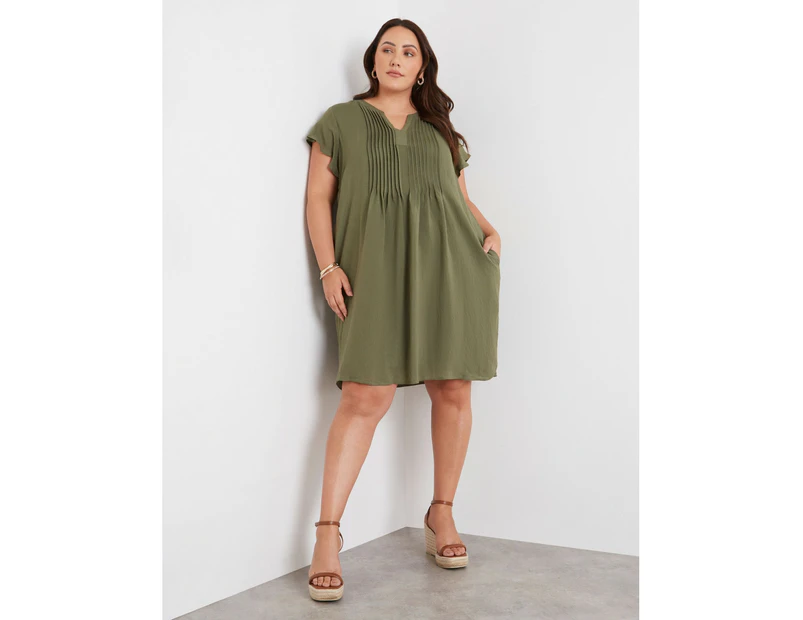 BeMe - Plus Size - Womens Midi Dress - Green - Summer Casual A Line Dresses - Khaki - Short Sleeve - Pintuck Notch Neck  - Women's Clothing - Khaki