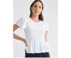 KATIES - Womens Tops -  Short Sleeve Smocked Top - White