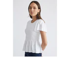 KATIES - Womens Tops -  Short Sleeve Smocked Top - White