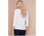 NONI B - Womens Winter Tops - White Tshirt / Tee - Cotton - Casual Clothing - Fitted - 3/4 Sleeve - Boat Neck - Regular - Office Fashion - Work Wear - White